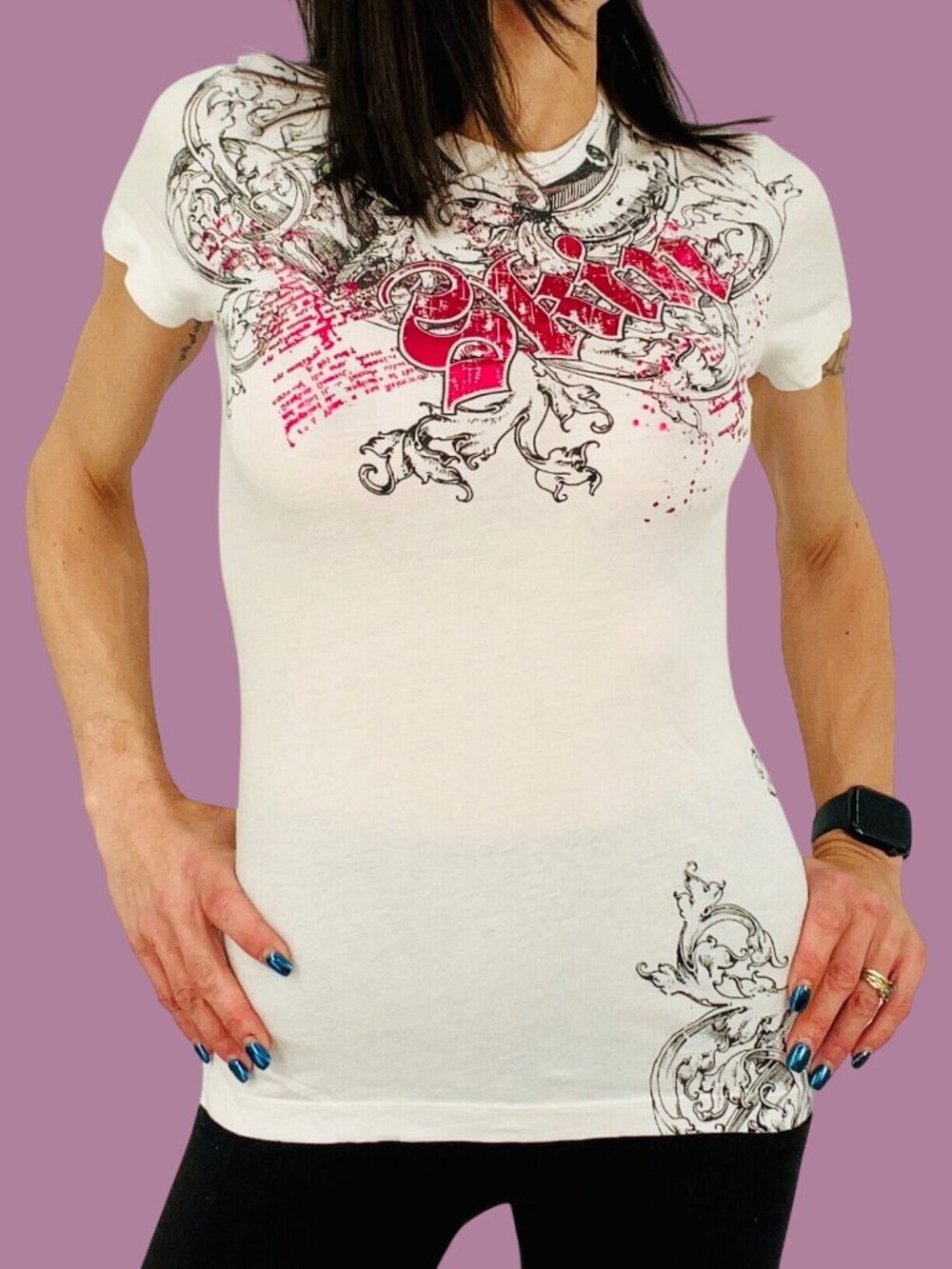 RARE Vintage 90s SKIN Fitted Metallic Tattoo Graphic Logo Tee | Y2K - Picture 12 of 16